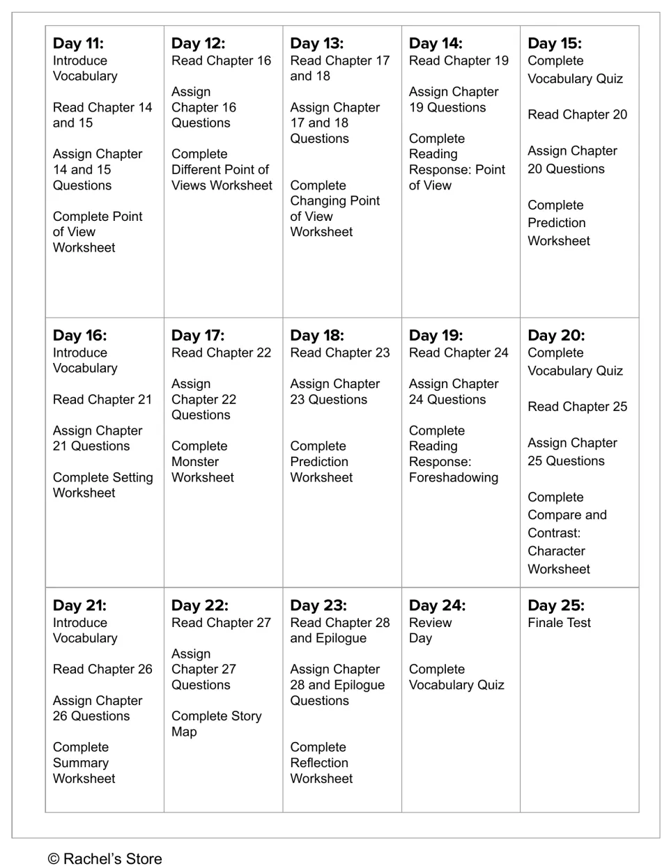 Pacing guide days 11–25 covers chapters 14–28 and the epilogue, point of view, review, and the final test
