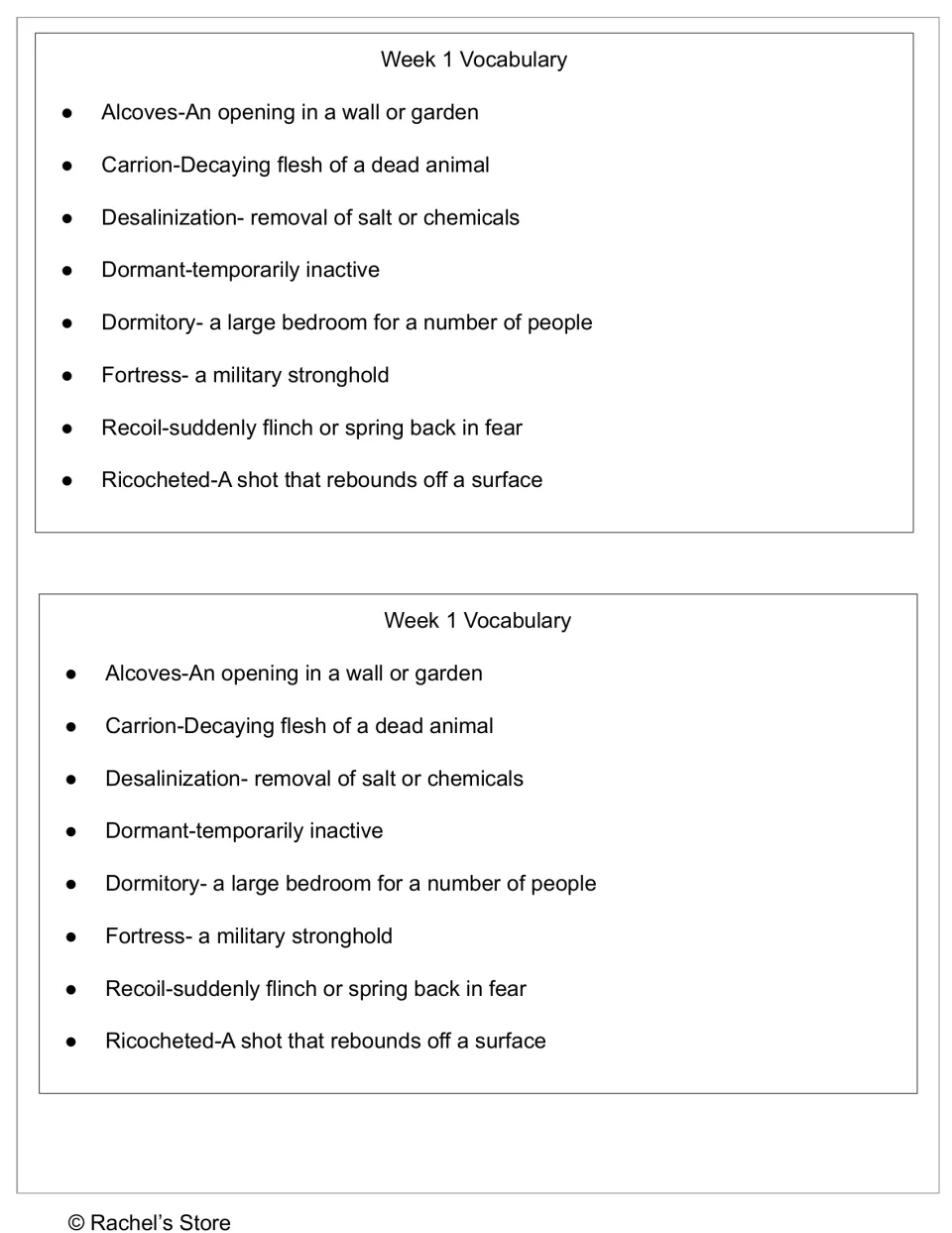 Week 1 vocabulary list printed twice: alcoves, carrion, desalination, dormant, and four more with definitions