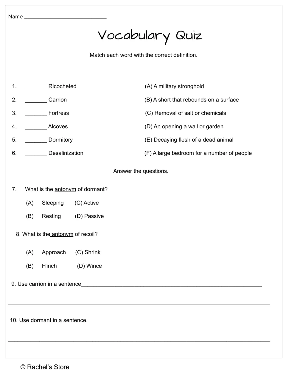 Week 1 vocabulary quiz includes six matches, antonyms for dormant and recoil, and two sentence-writing prompts