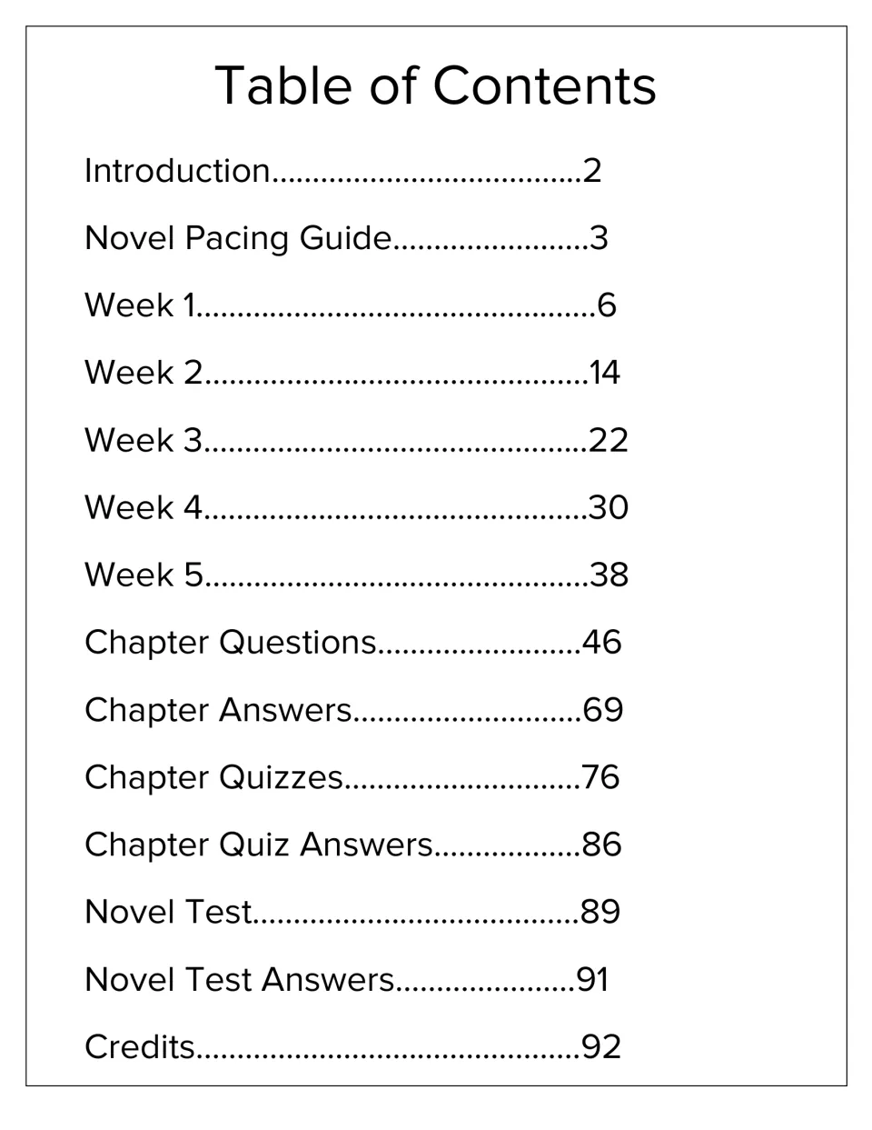 Full novel study contents list five weeks, chapter questions, quizzes, a novel test, and answer sections