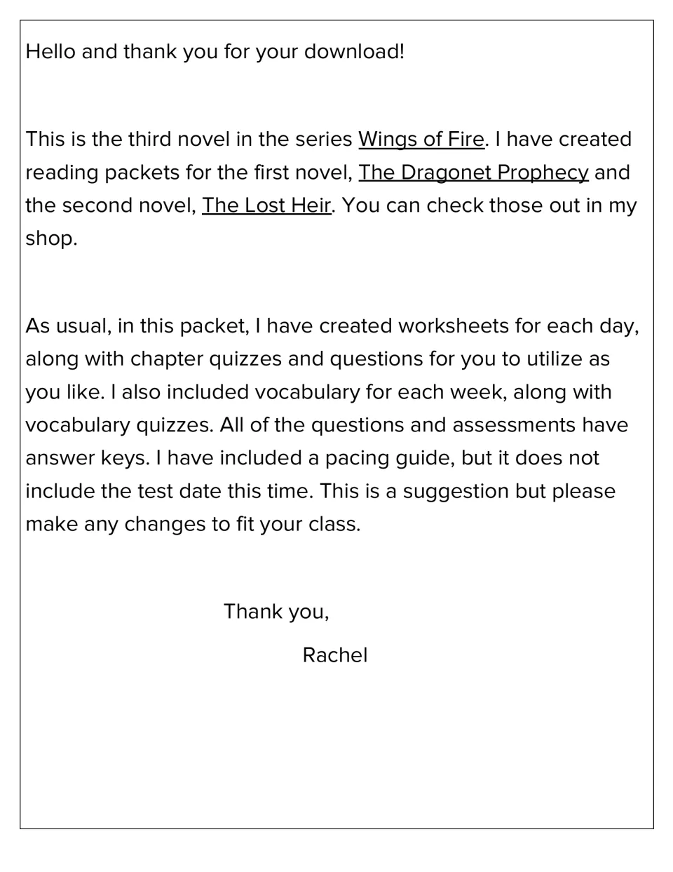 Novel study introduction explains daily worksheets, weekly vocabulary, quizzes, answer keys, and pacing