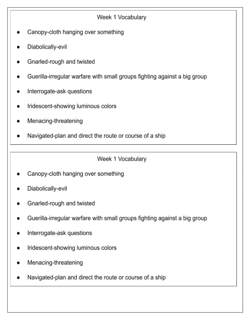 Week 1 vocabulary list printed twice: canopy, diabolically, gnarled, guerilla, and four more words with definitions
