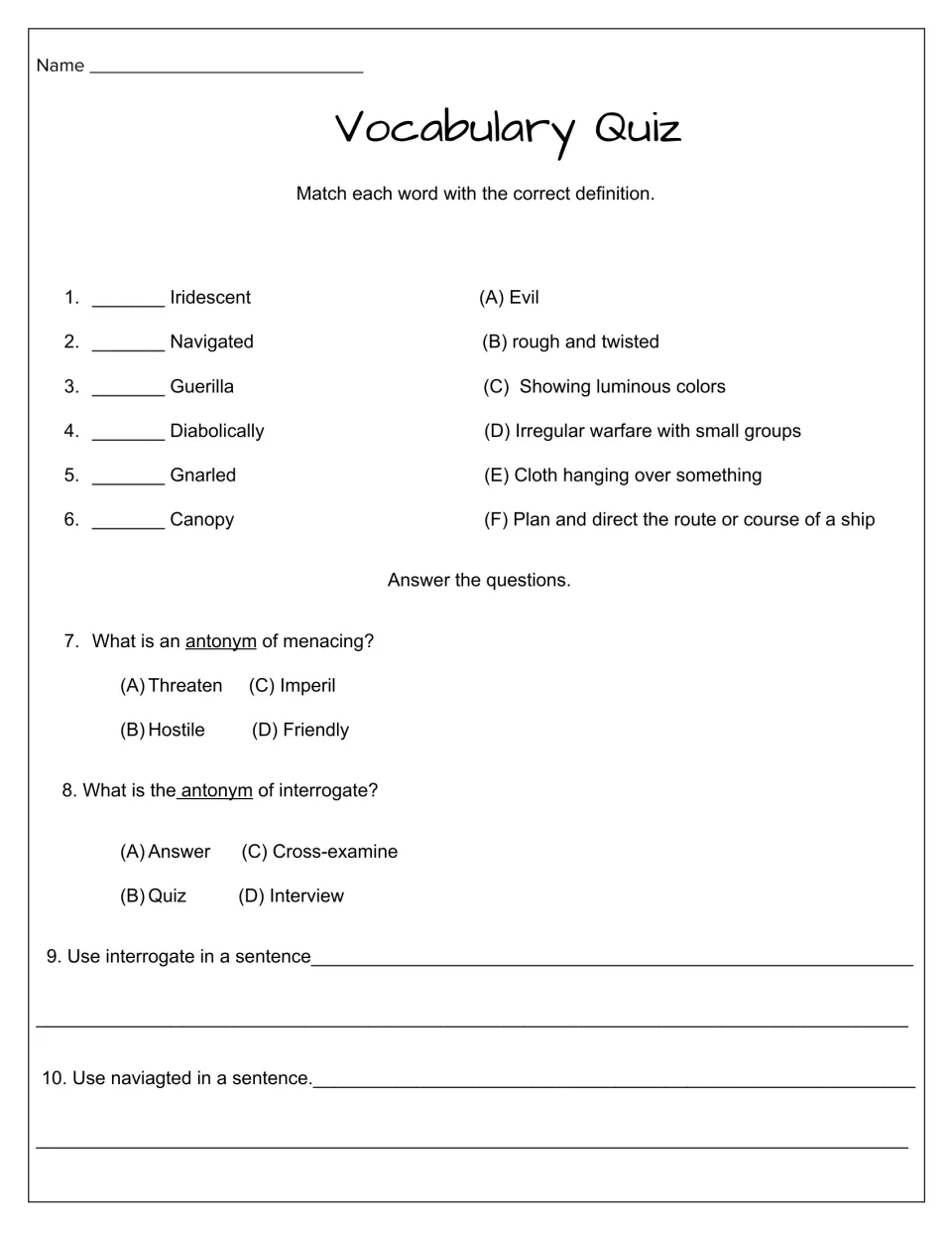 Week 1 vocabulary quiz has six definition matches, two antonym questions, and two sentence-writing prompts