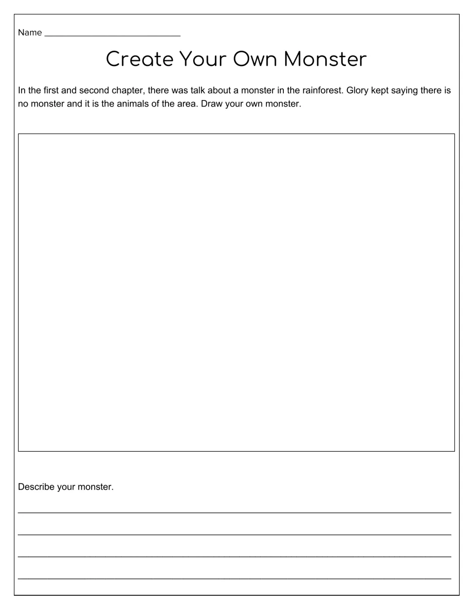 Create Your Own Monster activity connects chapters 1–2 to a prompt to draw and describe a rainforest monster