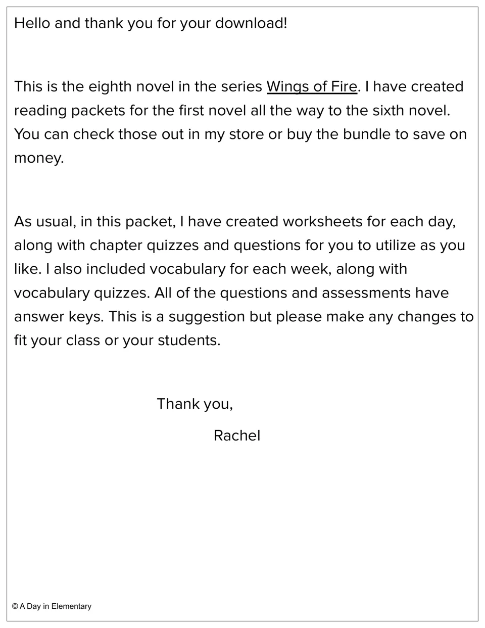 Teacher introduction to the reading packet explains daily worksheets, weekly vocabulary, quizzes, and answer keys