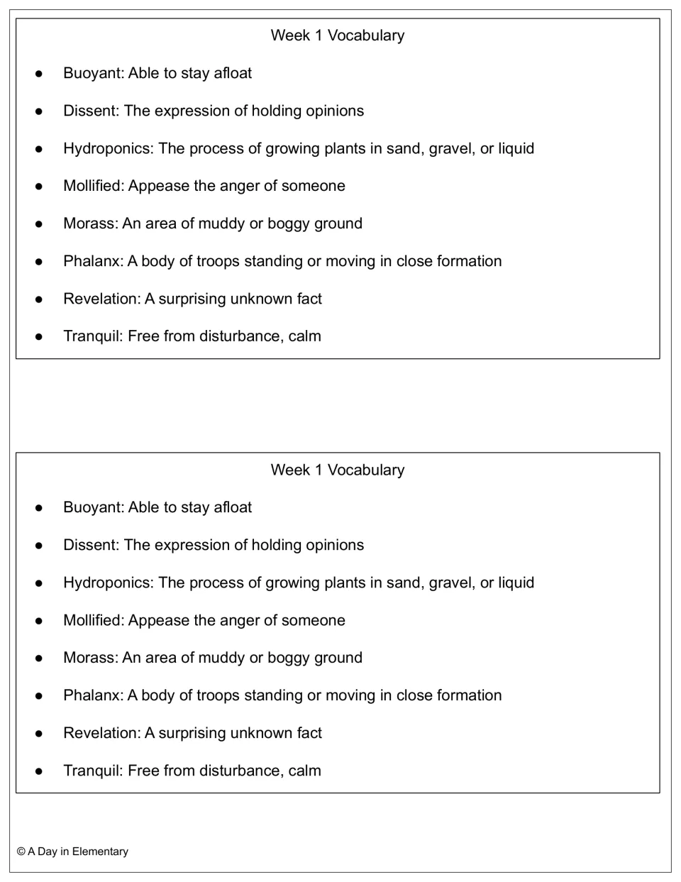 Week 1 vocabulary list printed twice: buoyant, dissent, hydroponics, mollified, and four more words with definitions