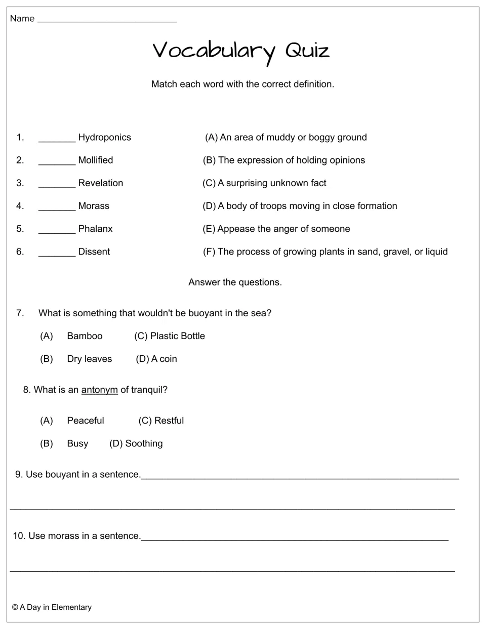Week 1 vocabulary quiz includes six matches, questions on buoyant and tranquil, and two sentence-writing prompts