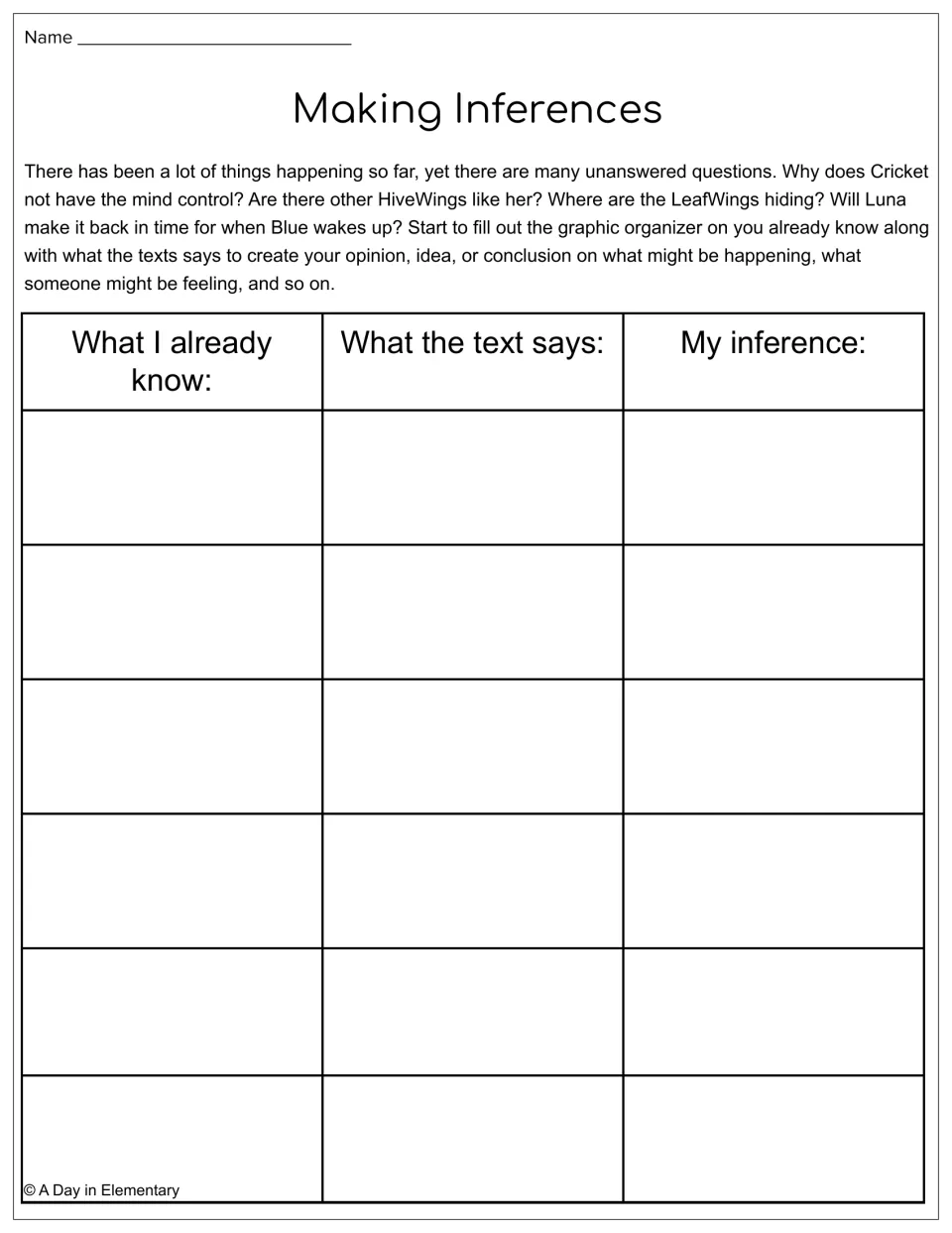 Making Inferences activity connects prior knowledge and text evidence to questions about Cricket and the LeafWings