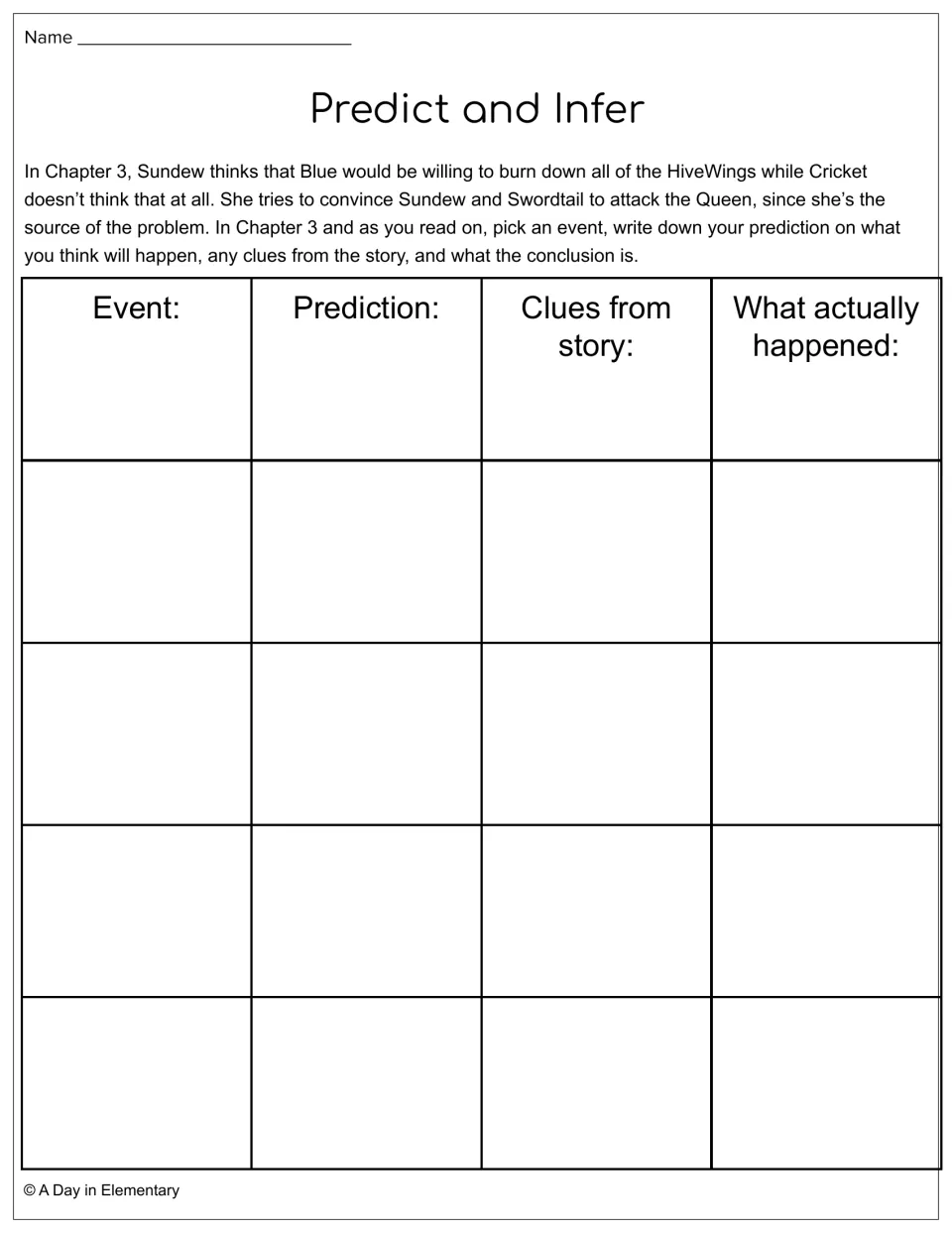 Predict and Infer activity asks students to record story events, predictions, clues, and what actually happened