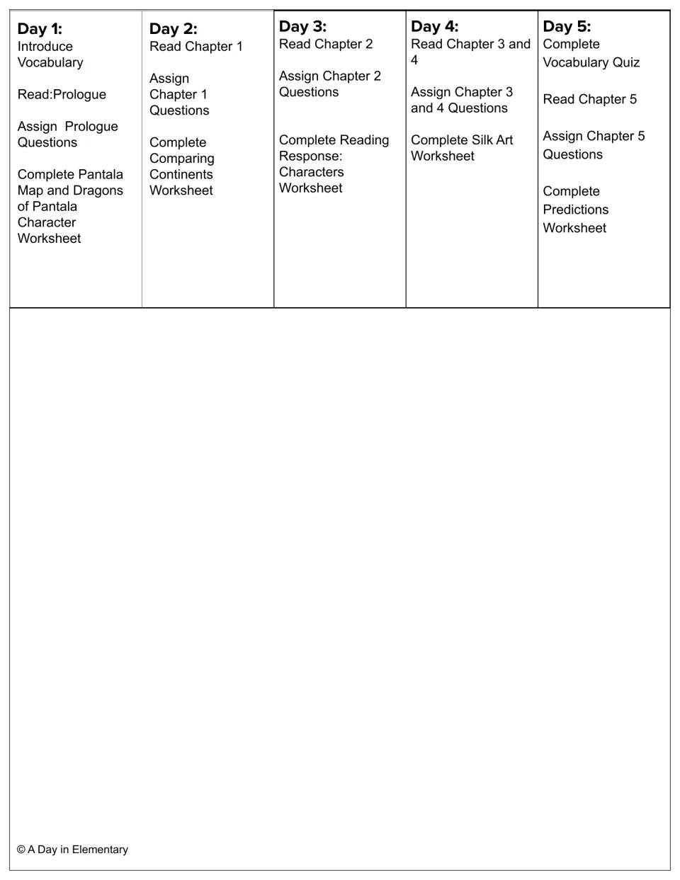 Five-day reading outline covers the prologue through Chapter 5, vocabulary, questions, and worksheets
