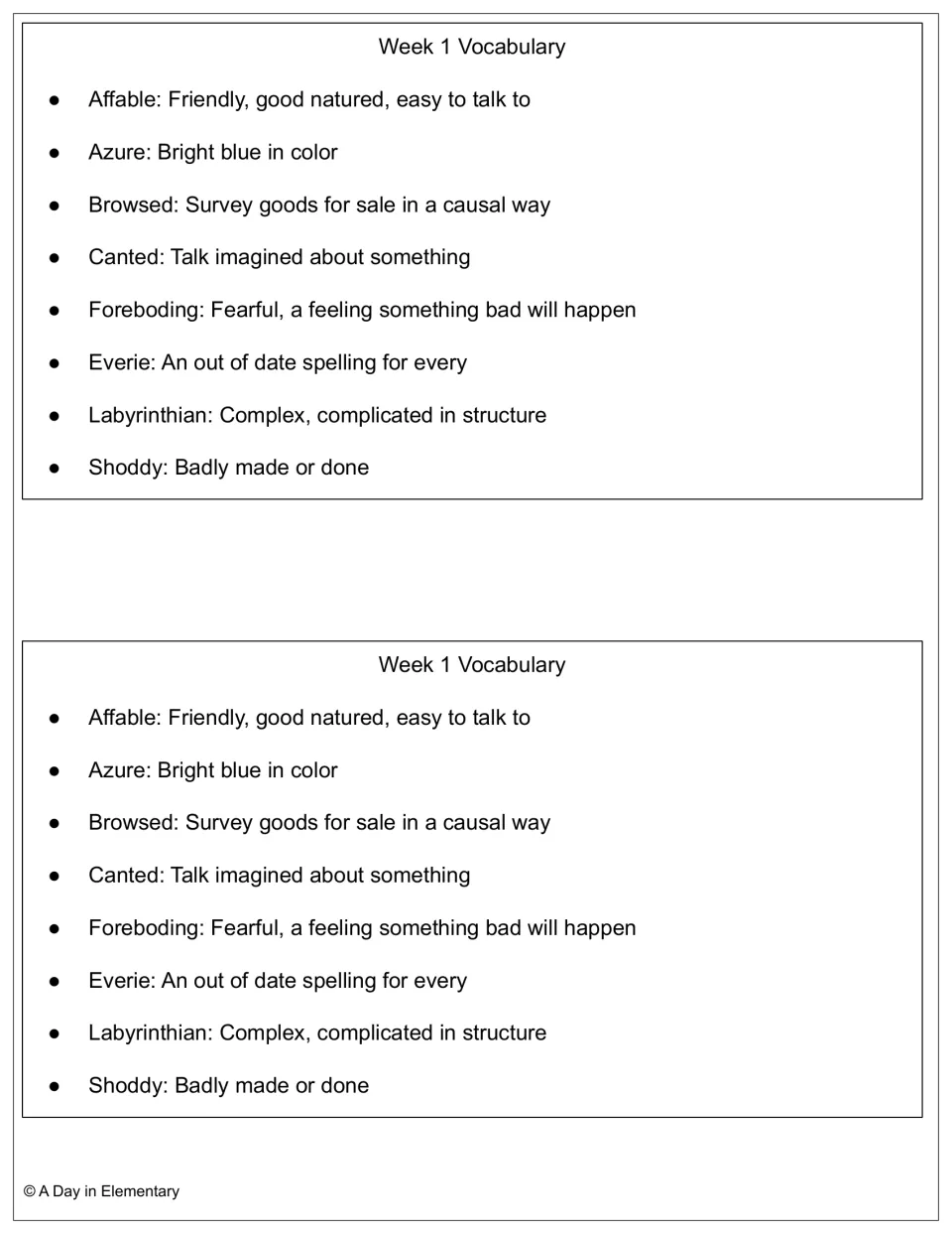 Week 1 vocabulary list printed twice: affable, azure, browsed, canted, and four more words with definitions