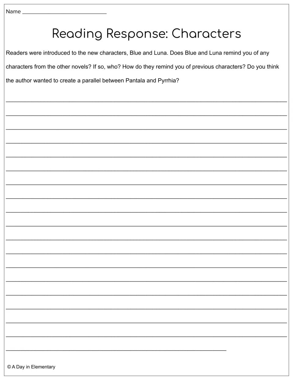 Character response asks students to compare Blue and Luna to earlier characters and consider author intent
