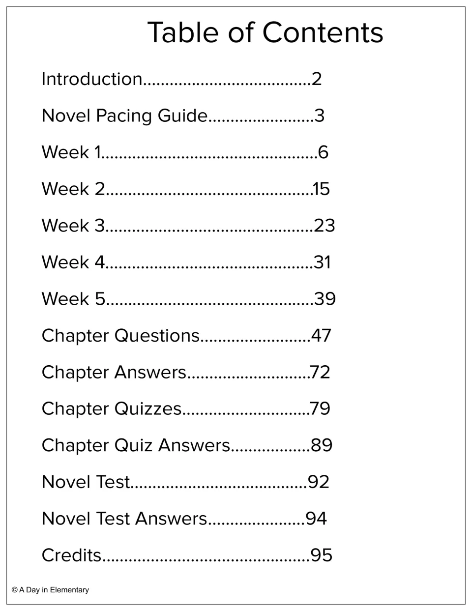 Novel study contents list a pacing guide, five weekly sections, chapter questions, quizzes, tests, and keys
