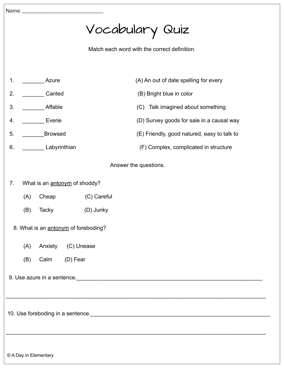 Week 1 vocabulary quiz includes six matches, antonyms for shoddy and foreboding, and two sentence prompts