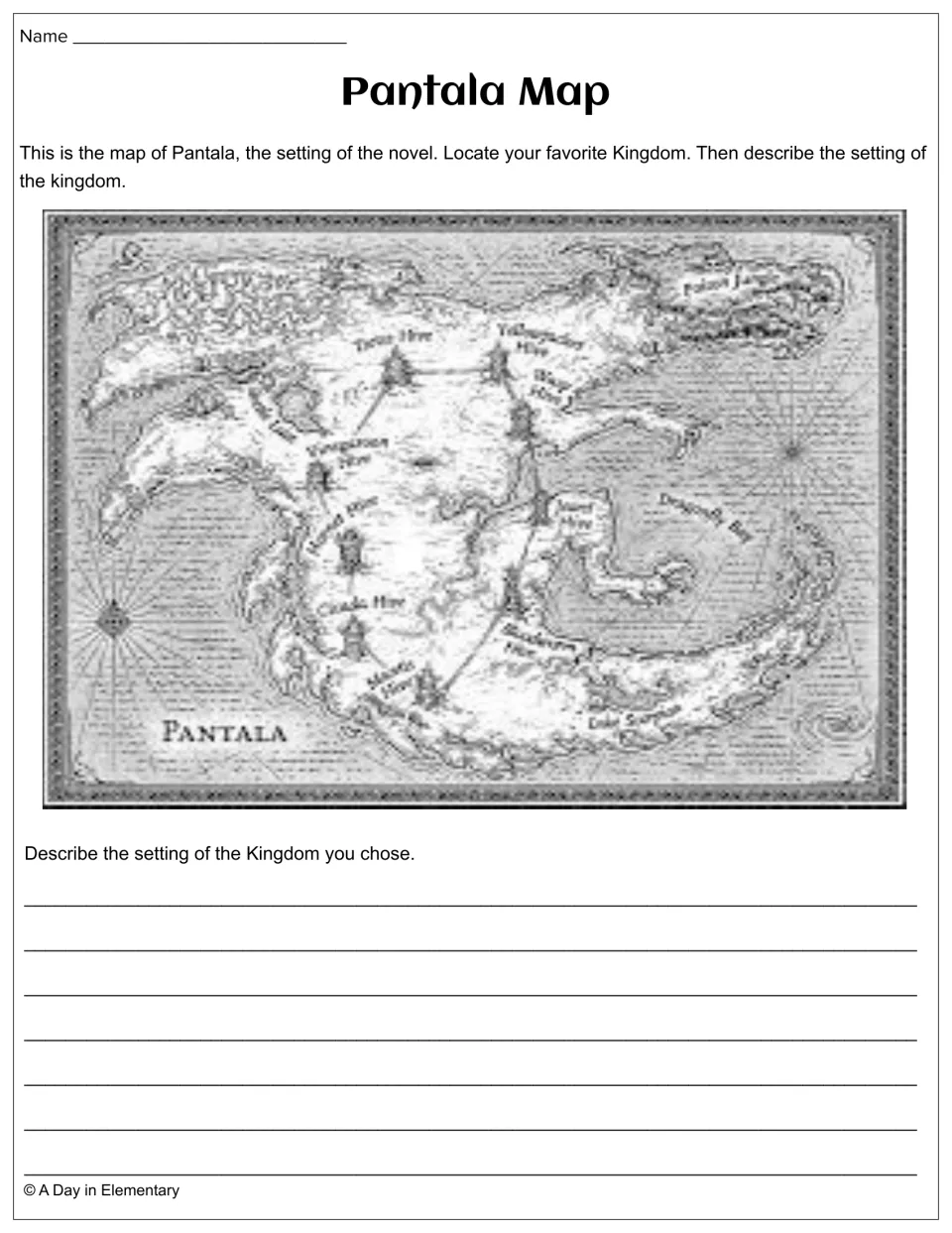 Pantala Map worksheet asks students to locate a favorite kingdom and describe its setting using the map