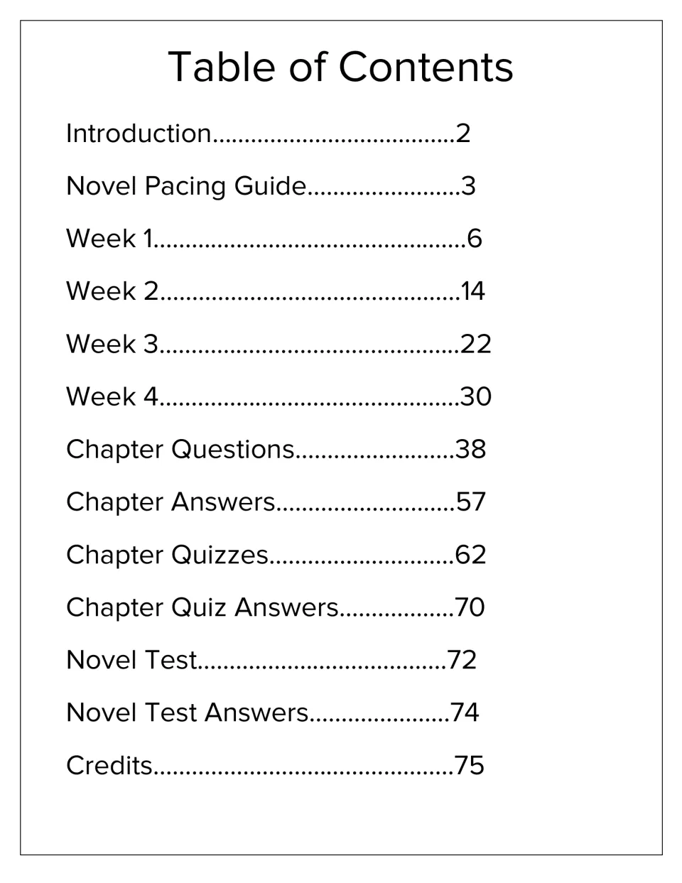 Full novel study contents list four weeks, chapter questions, quizzes, a novel test, and answer sections