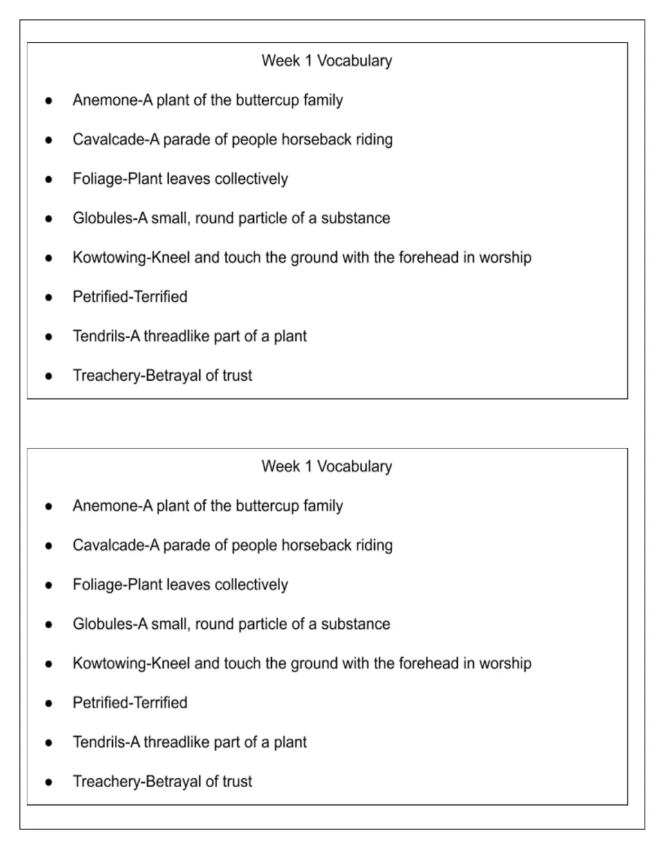 Week 1 vocabulary list defines anemone, cavalcade, foliage, globules, and four more words, printed twice