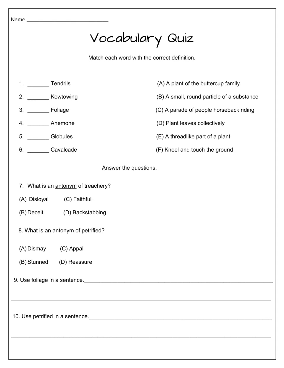 Week 1 vocabulary quiz has six definition matches, two antonym questions, and two sentence-writing prompts