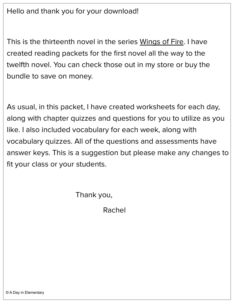 Author's introduction note explaining the packet's daily worksheets, chapter quizzes, weekly vocabulary and answer keys