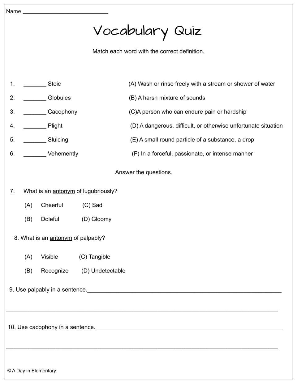 Week 1 quiz: students match six words to definitions, pick antonyms of lugubriously and palpably, and write two sentences