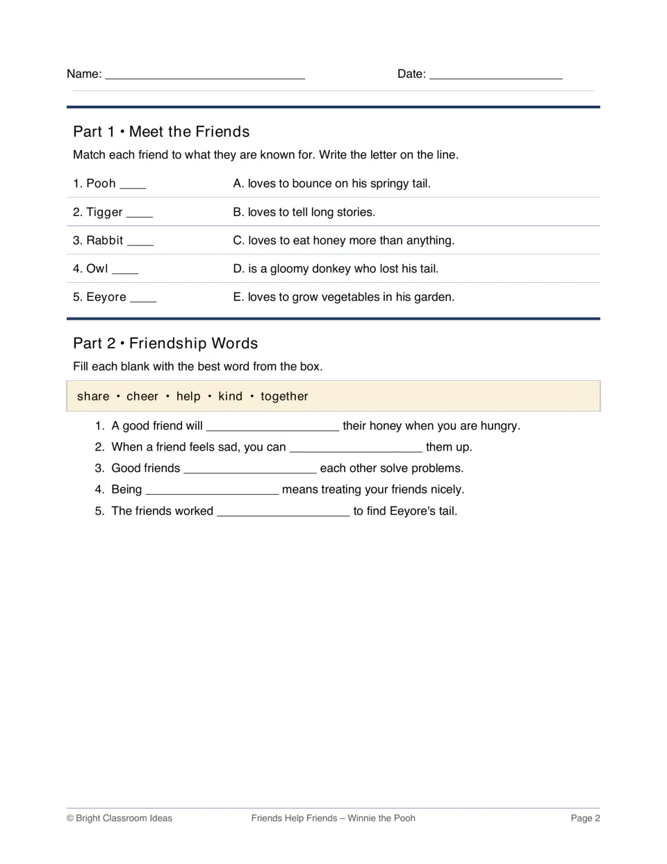 Meet the Friends: students match Pooh, Tigger, Rabbit, Owl and Eeyore to traits, then fill blanks with friendship words