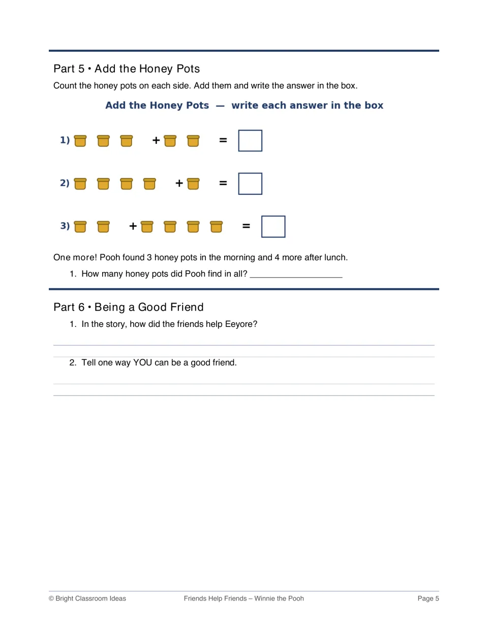 Add the Honey Pots: students add pictured honey pots in 3 sums and a word problem, then write how to be a good friend