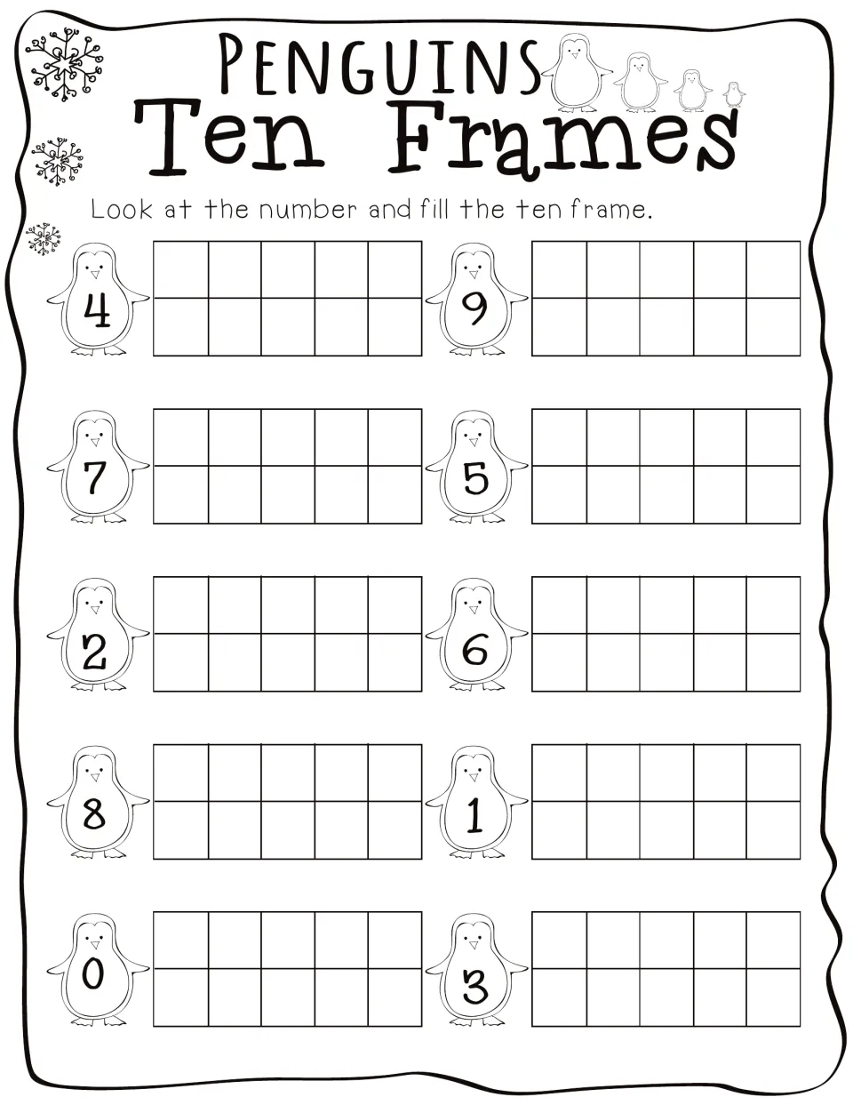Penguins Ten Frames page: fill a ten frame for the number on each of 10 penguins, 0 to 9, such as 4, 9 and 7