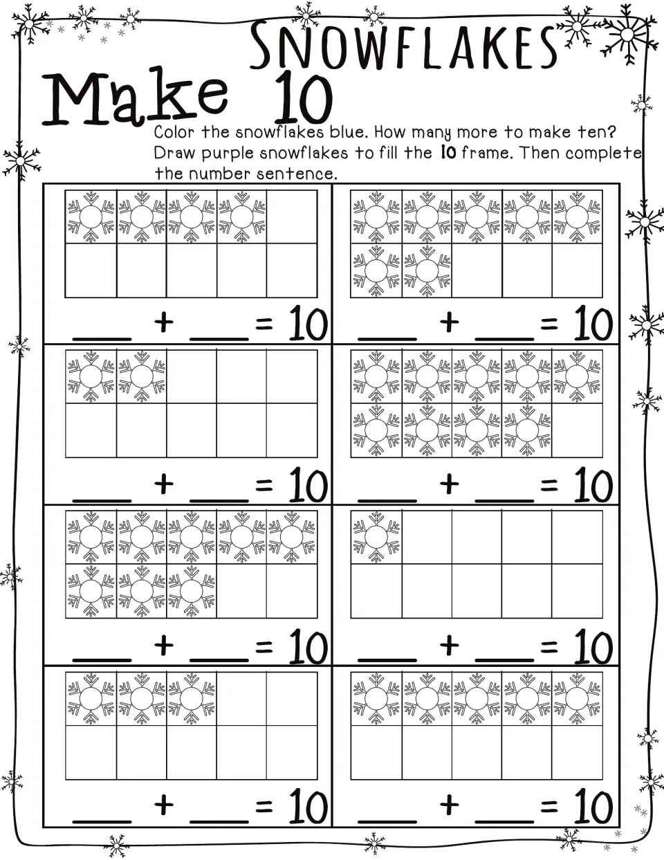 Snowflakes Make 10 page: color snowflakes blue, draw purple ones to fill 8 ten frames, then write ___ + ___ = 10