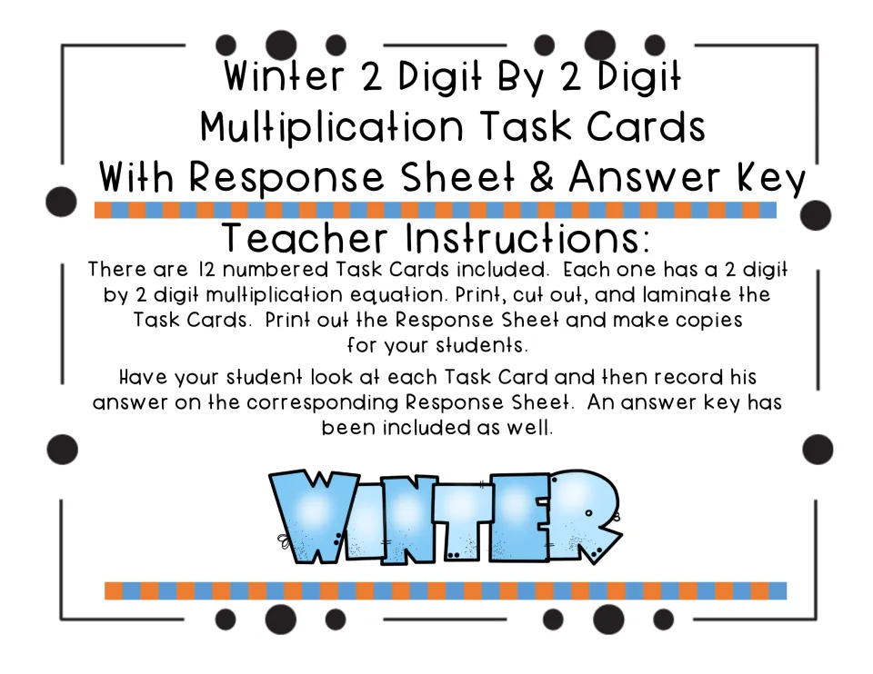 Teacher instructions: print, cut out and laminate 12 task cards; students record each product on the response sheet