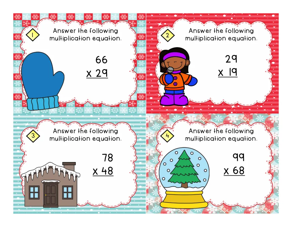 2-digit multiplication task cards 1-4: students solve 66 x 29, 29 x 19, 78 x 48 and 99 x 68 beside winter clip art
