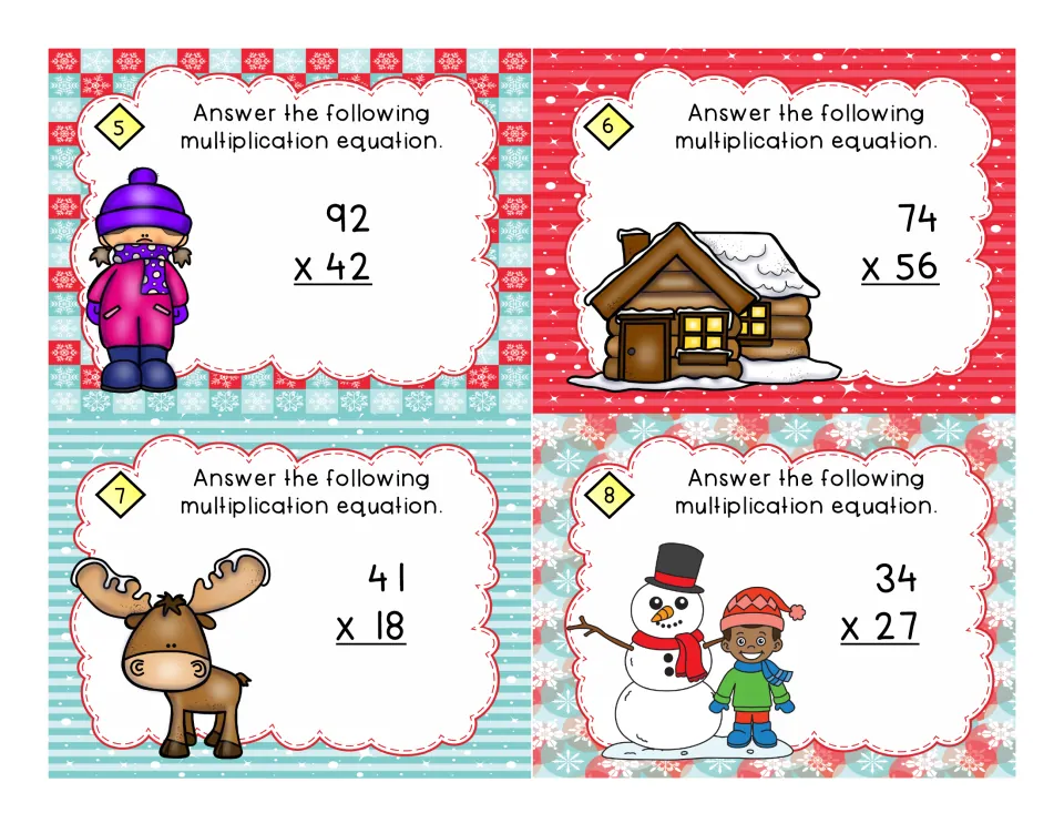 Task cards 5-8 for 2-digit by 2-digit multiplication: students solve 92 x 42, 74 x 56, 41 x 18 and 34 x 27 beside a moose