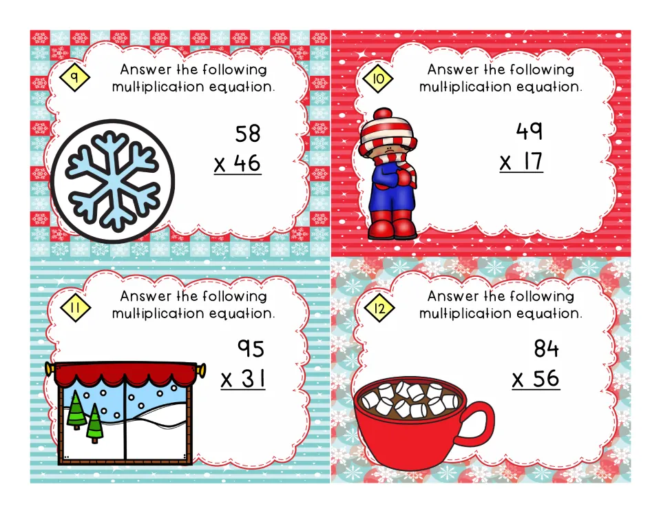 Task cards 9-12 multiplying two-digit numbers: students find 58 x 46, 49 x 17, 95 x 31 and 84 x 56 with winter pictures