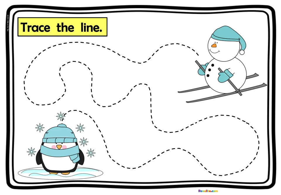 Trace the line: students follow a long dashed winding path from a penguin to a skiing snowman to practise pencil control
