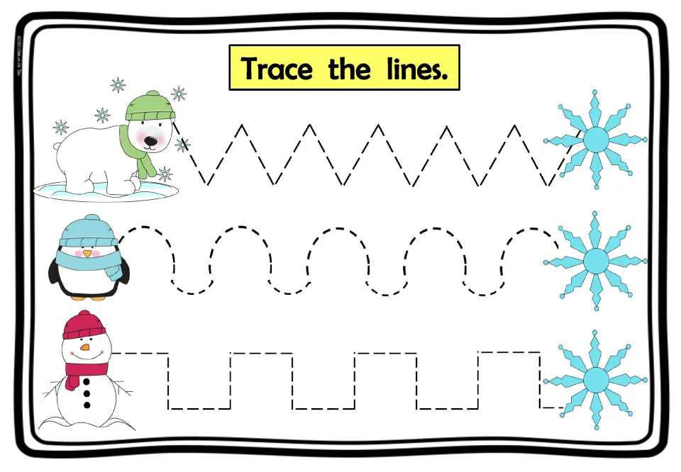 Trace the lines: students trace zigzag, curved and square paths from a polar bear, penguin and snowman to snowflakes