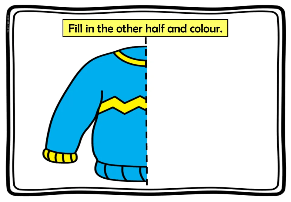 Symmetry drawing: students fill in the missing right half of a blue sweater with a yellow zigzag, then colour it to match