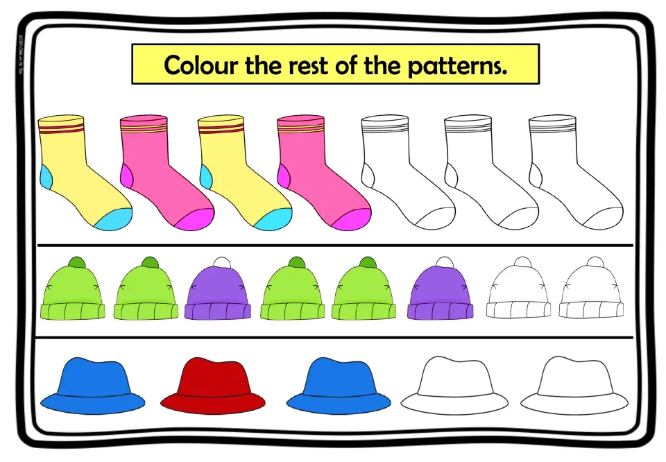 Colour the rest of the patterns: students colour blank socks, beanies and hats to continue AB and AAB patterns