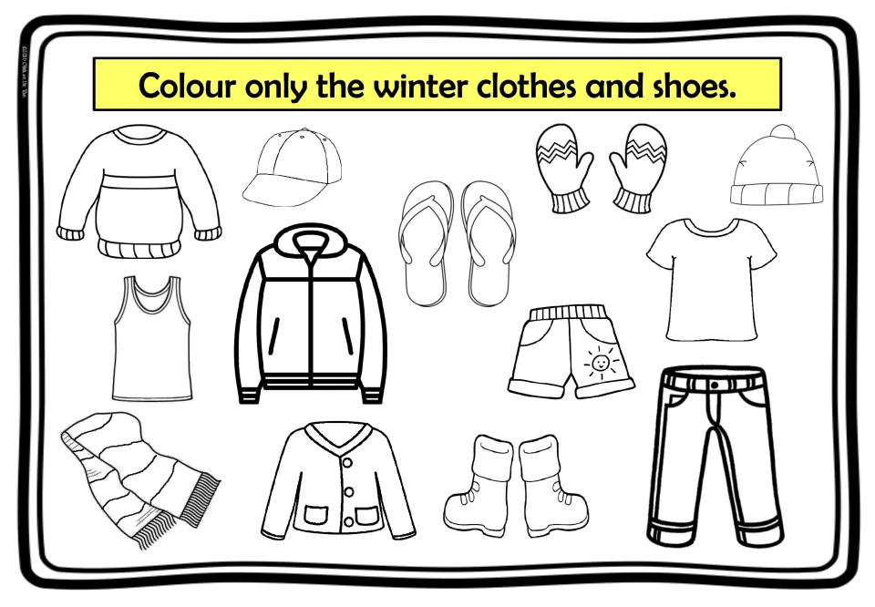 Winter clothing sort: students colour only winter items like mittens, scarf, boots and coat, not shorts or flip-flops