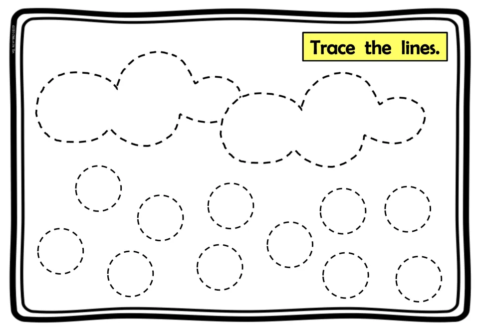 Trace the lines: students trace two dashed cloud outlines and many dashed circles below them, practising curved strokes