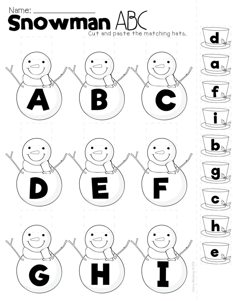 Snowman ABC letters A to I: students cut out lowercase hats and paste each on the snowman with the matching capital