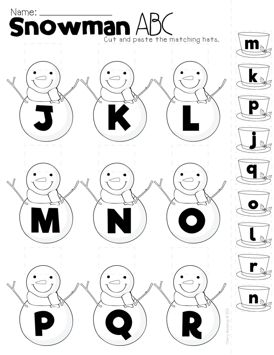 Snowman ABC letters J to R: students match uppercase to lowercase by gluing hats j through r onto the right snowman
