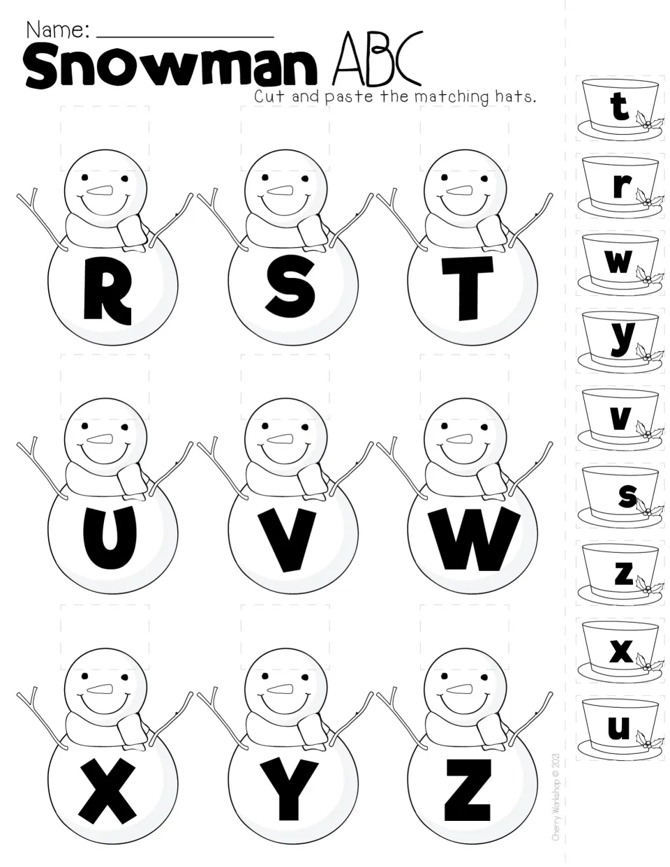 Snowman ABC letters R to Z: students cut lowercase hats r to z and paste each on the snowman showing the same letter