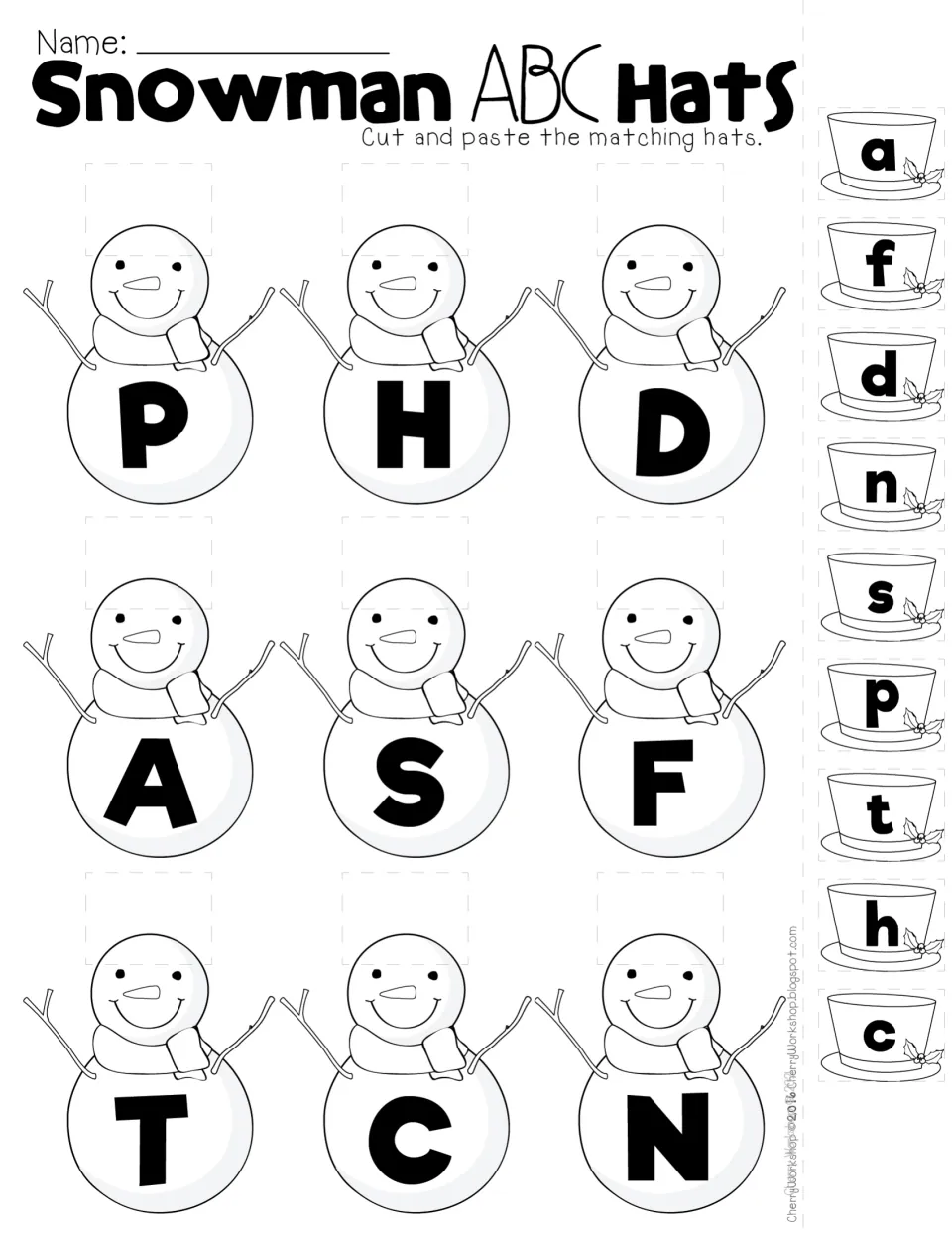 Snowman ABC Hats with mixed letters P, H, D, A, S, F, T, C, N: students paste the matching lowercase hat on each snowman
