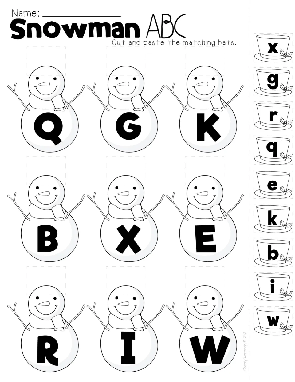 Mixed-letter snowman match for Q, G, K, B, X, E, R, I, W: students cut out lowercase hats and glue each above its capital