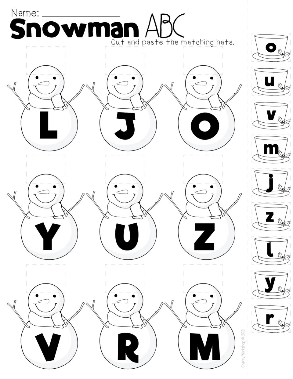 Mixed-letter snowman match for L, J, O, Y, U, Z, V, R, M: students cut lowercase hats and paste each on the same capital