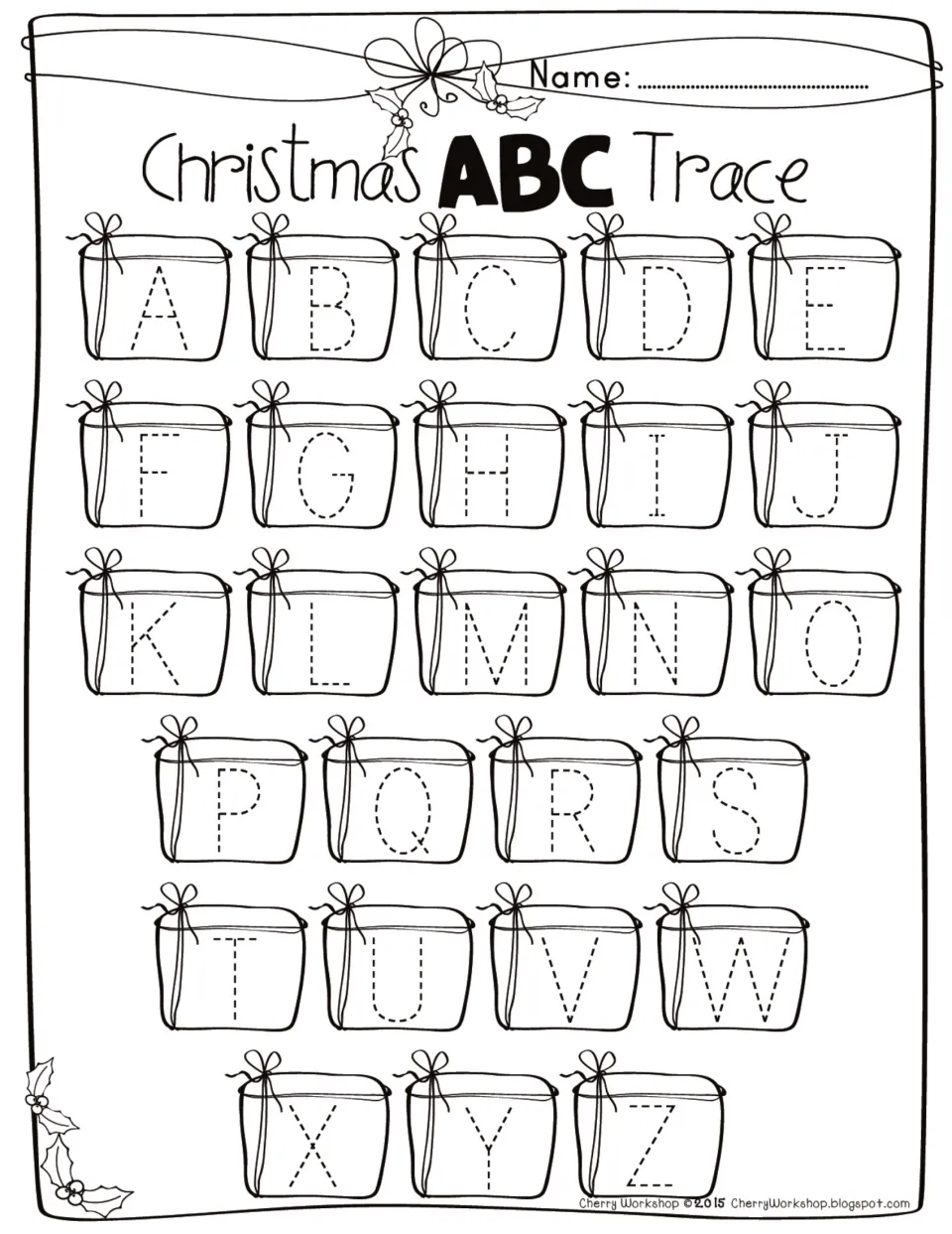 Christmas uppercase alphabet tracing worksheet featuring all 26 letters from A to Z for tracing practice.