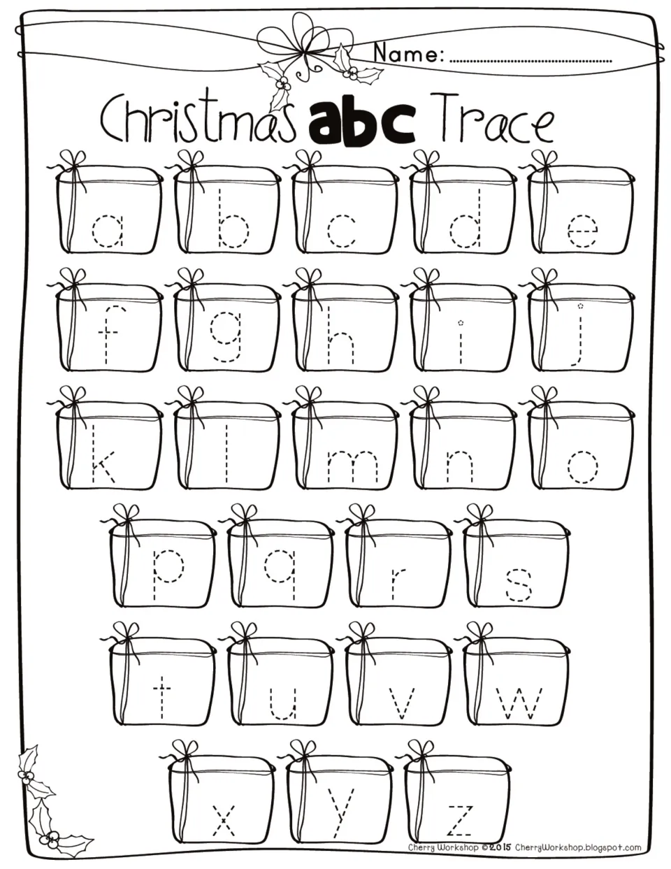 Christmas lowercase alphabet tracing worksheet featuring all 26 letters from a to z for tracing practice.