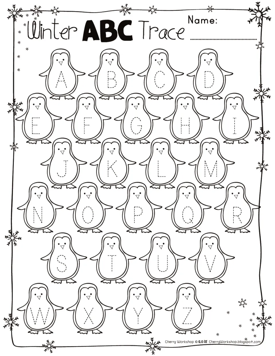Winter uppercase alphabet tracing worksheet featuring all 26 letters from A to Z for tracing practice.