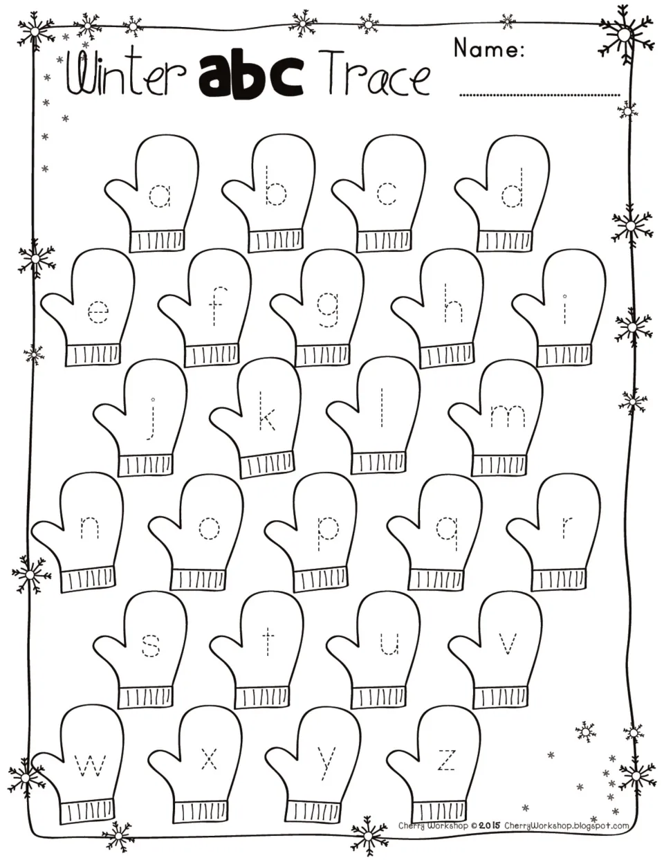 Winter lowercase alphabet tracing worksheet featuring all 26 letters from a to z for tracing practice.