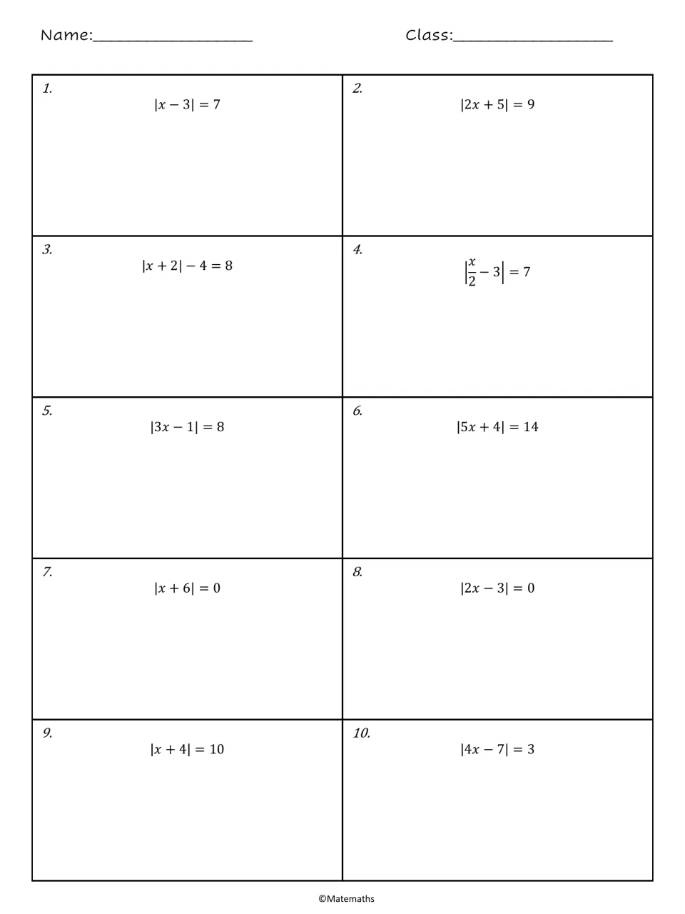 Absolute value equations 1-10: students solve |x - 3| = 7, |2x + 5| = 9, |x + 6| = 0 and more, showing work under each