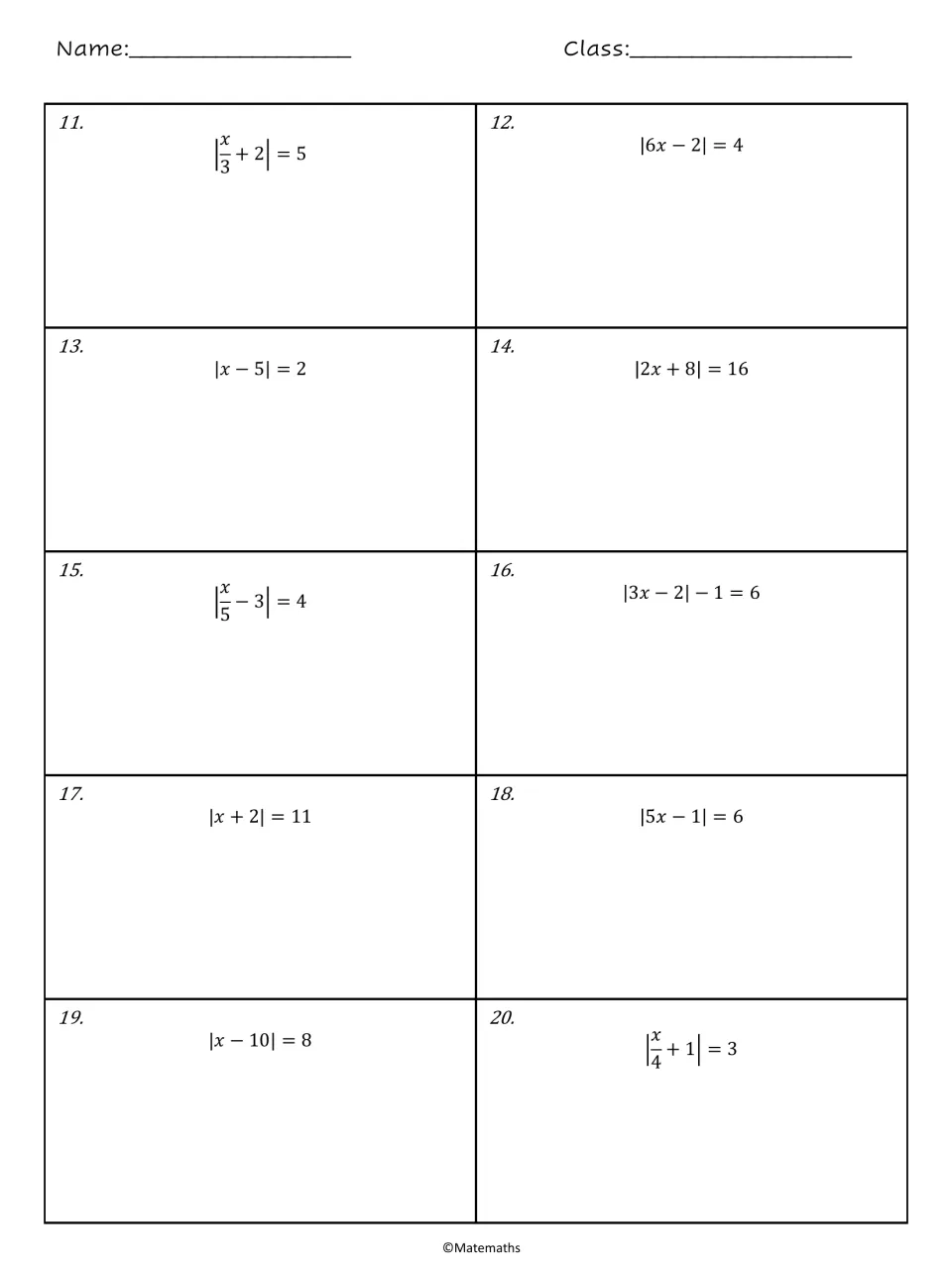 Absolute value equations 11-20: students solve |x/3 + 2| = 5, |6x - 2| = 4, |x - 10| = 8 and others, writing steps below